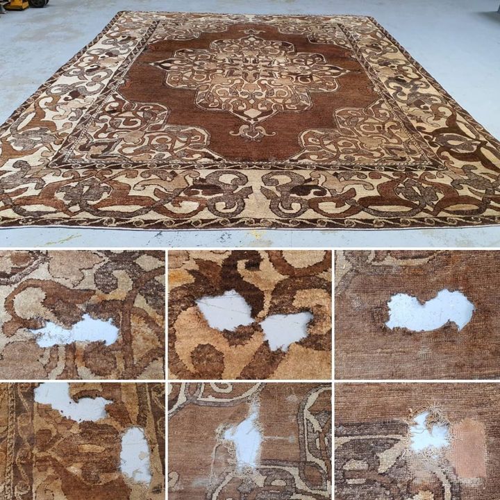 An antique rug on its arrival at the workshop, with six close-ups of the holes and worn areas to be repaired