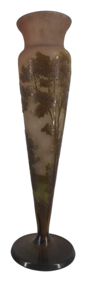 Art Nouveau glass vase engraved with a landscape of trees