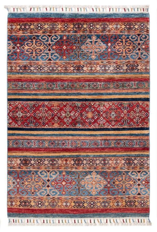 Hand-knotted Afghan Khorjin rug in wool, with horizontal red, blue and ochre bands
