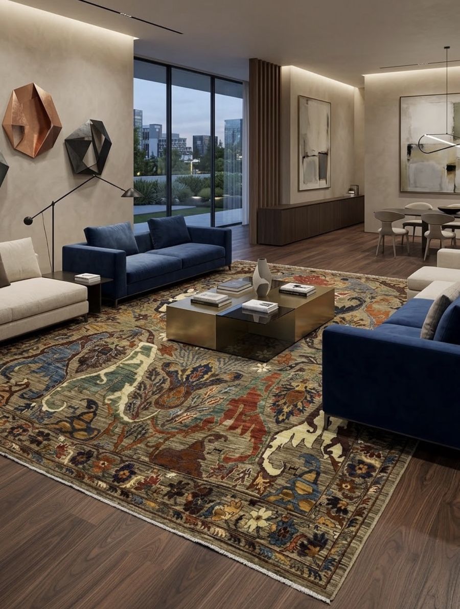 Large Oriental rug with floral motifs in a contemporary living room